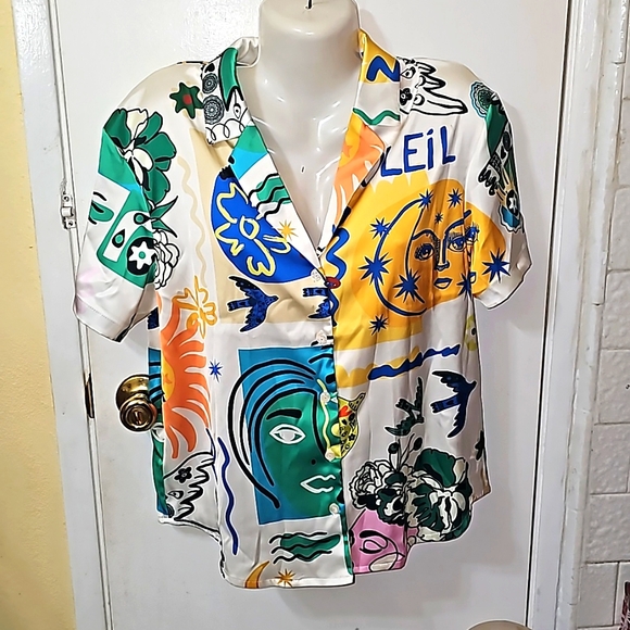 Joie button-down artsy print top multicolored silky new b14